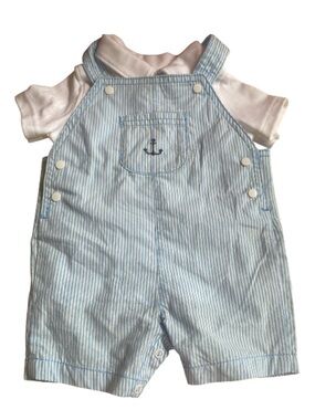Carter’s Striped Blue Anchor Shortalls and Soft White Collared Tee NWT size 6mth